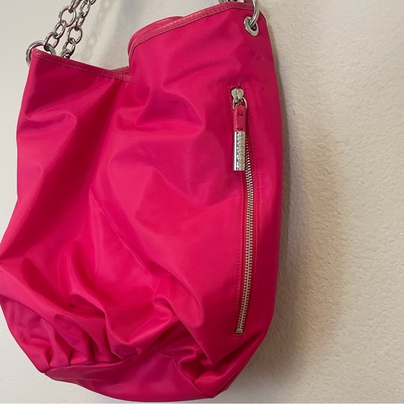 BODHI Pink Nylon Shoulder Bag Leather Chain Handles - Picture 3 of 14